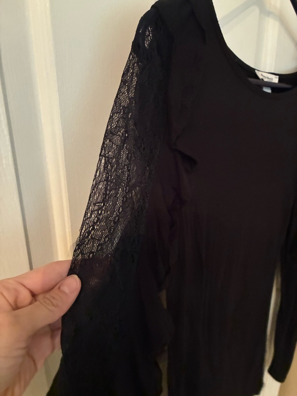 White House Black Market Black Long-Sleeve Lace-Panel Top - Picture 2 of 5